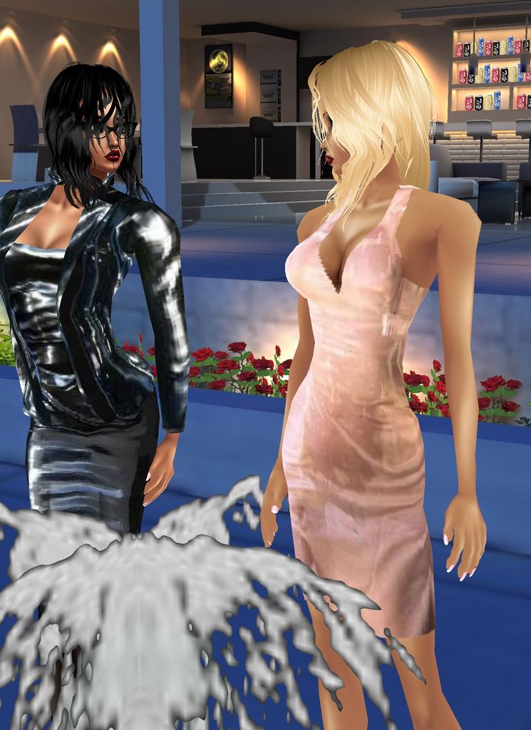 Photo-realistic image of  2 glamorous women standing in a fountain wearing wet clothes, wet hair, high heels,  red lipstick 