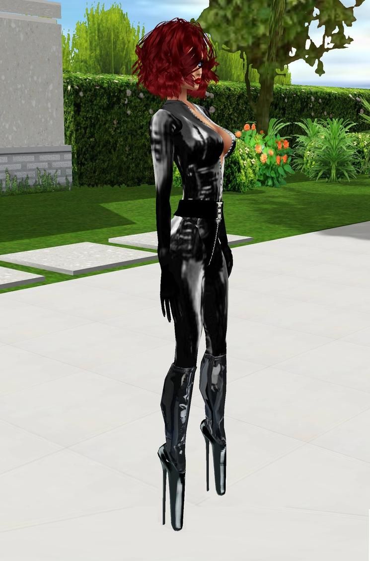 photo-realistic image of a glamorous woman standing by a pool, wearing a shiny latex catsuit,  red hair, thigh-boots with high ballet heels,...