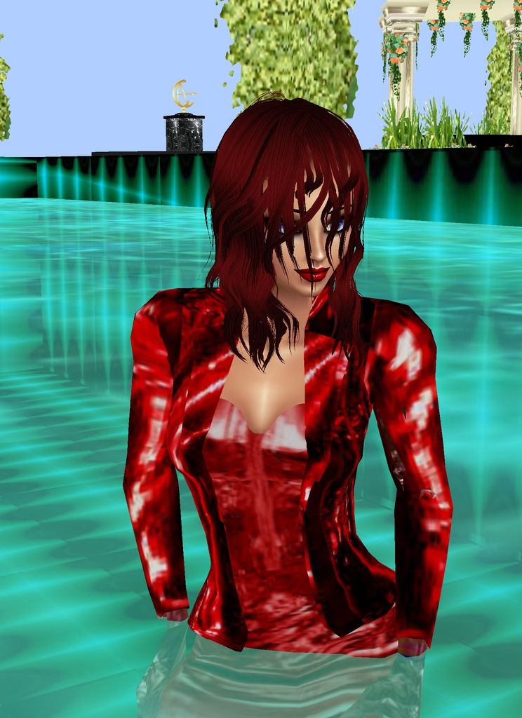 photo-realistic image of a tall glamorous woman in a pool wearing dripping wet leather suit and wet red hair  and red lipstick smiling