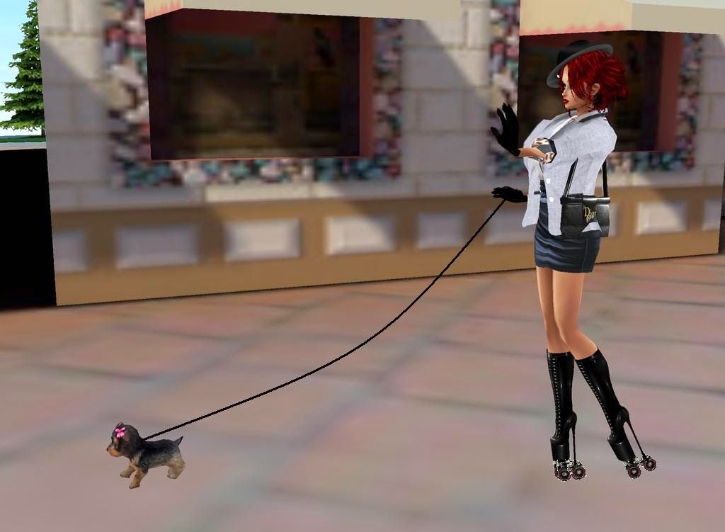 Photo-realistic image of a tall glamorous woman with red lipstick and  auburn hair wearing jacket, black mini-skirt, hat, black knee-high bo...