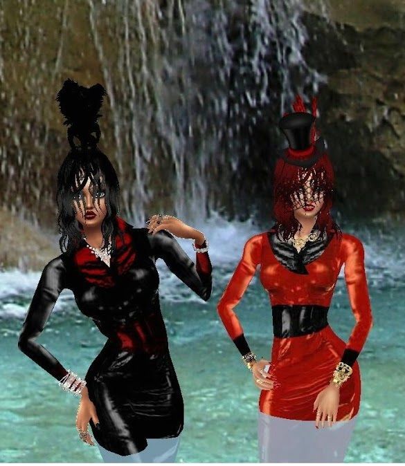 Photo-realistic image of 2 tall glamorous women with red lipstick and  wet hair wearing wet latex dresses, hats with veil, jewellery wading...