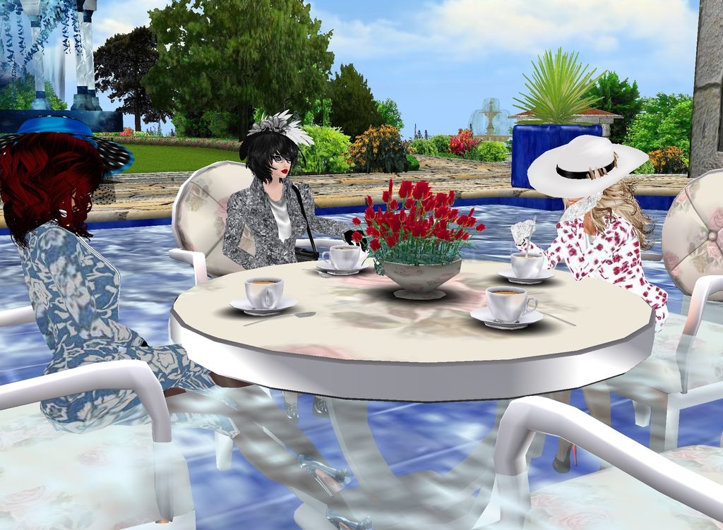 Photo-realistic image of 3 glamorous women sitting waist-deep in a garden pool  having a tea party wearing  wet light patterned suits , wet...