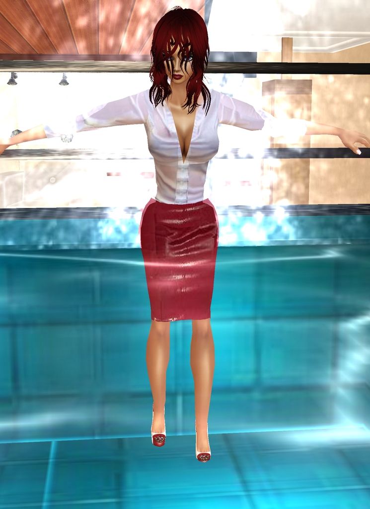 photo-realistic image of  glamorous woman with red lipstick  wearing wet red skirt and wet white blouse with wet red hair and high heels sta...