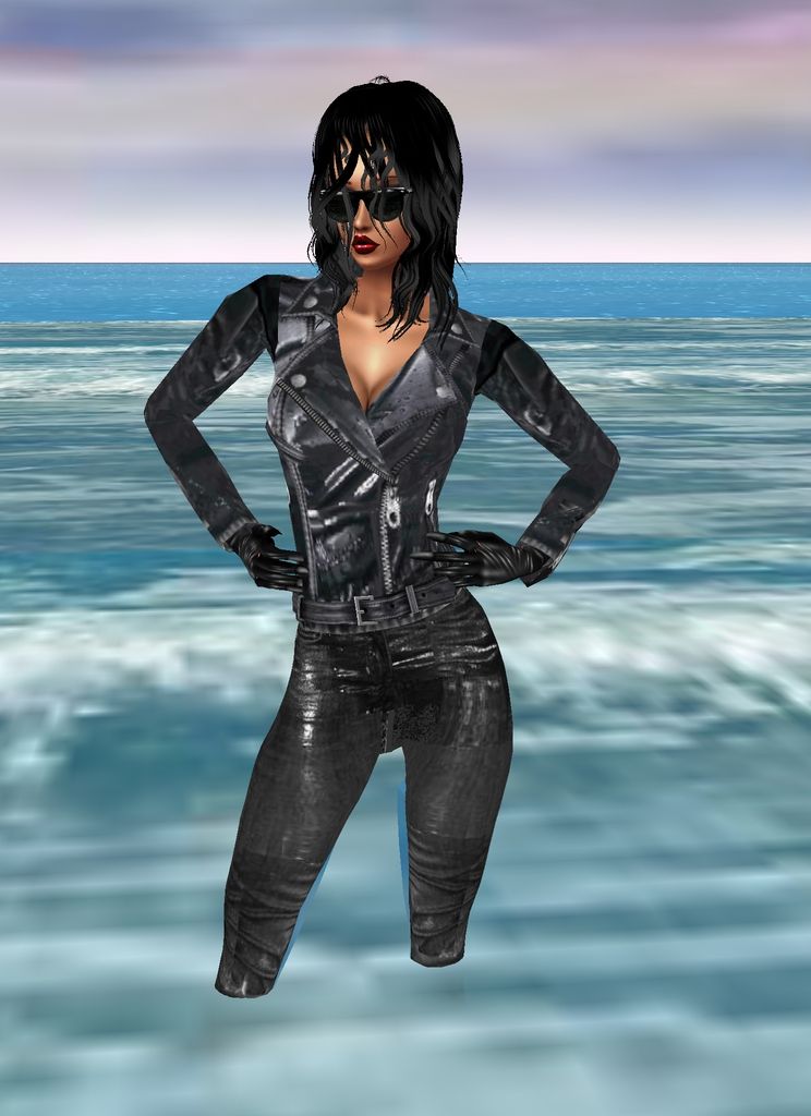 photo-realistic image of a tall glamorous woman with red lipstick,  wet black leather jacket,  wet black jeans, wet dark hair,  gloves, sung...