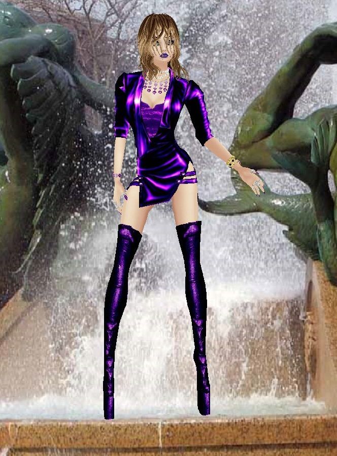 photo-realistic image of   glamorous woman in a fountain in    wet leather dress, wet blond hair, thigh high boots,  platform high heels, wi...