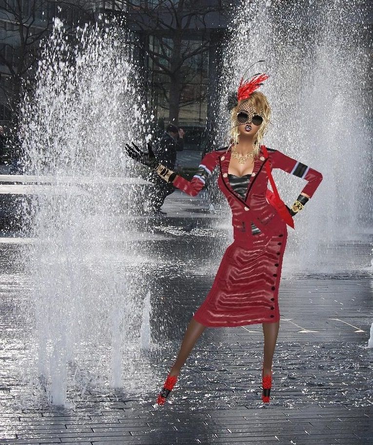photo-realistic image of glamorous woman with wet auburn hair, red lipstick, sunglasses, wearing  wet red skirt-suit, wet black stockings an...