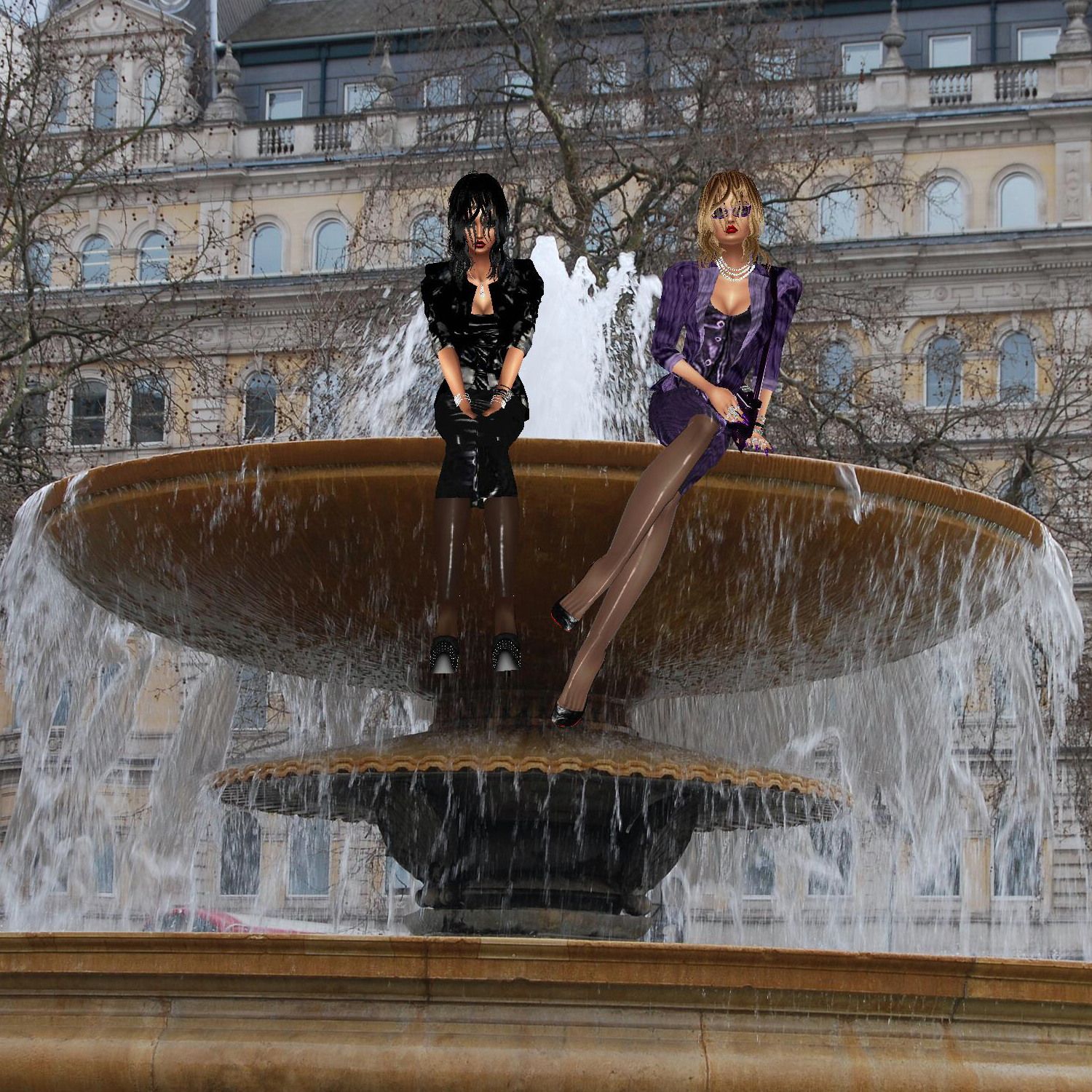phot-realistic image of 2 glamorous women wearing wet business suits, wet stockings, wet hair, and high heels sitting at the top of Trafalga...