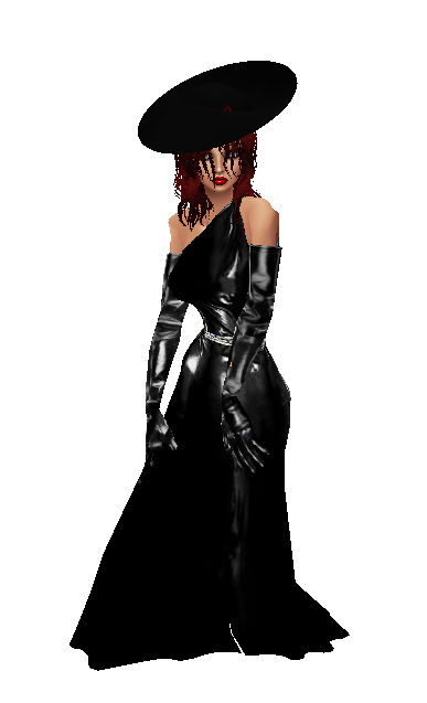 photo-realistic image of tall glamorous woman with red lipstick, wet auburn hair, wearing wet long black evening gown, hat and black gloves...