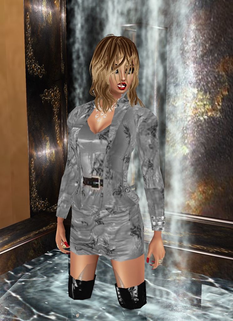 photo-realistic image of   glamorous woman in the fountain in    wet business suit, short skirt, wet thigh-boots, wet red hair, high heels ,...