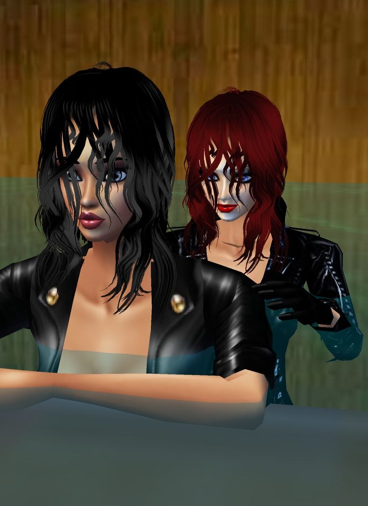 Photo-realistic image of  2 glamorous women standing in water, wearing wet black latex jackets, wet  hair,,  red lipstick 