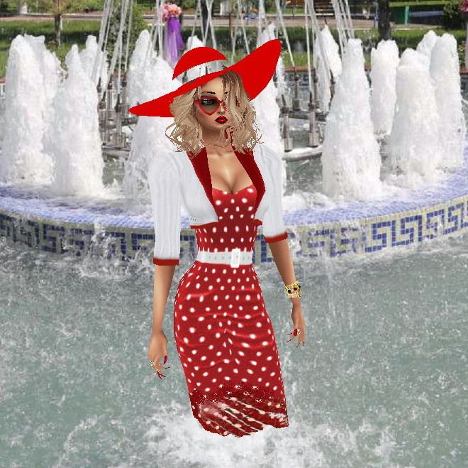 photo-realistic image of   glamorous woman in the fountain in    wet dress, wet red hair, hat, sunglasses , with red lipstick smiling