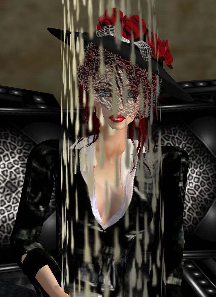 photo-realistic image of a tall glamorous woman with red lipstick,  wet red hair, wet black jacket, sitting on an armchair under the shower