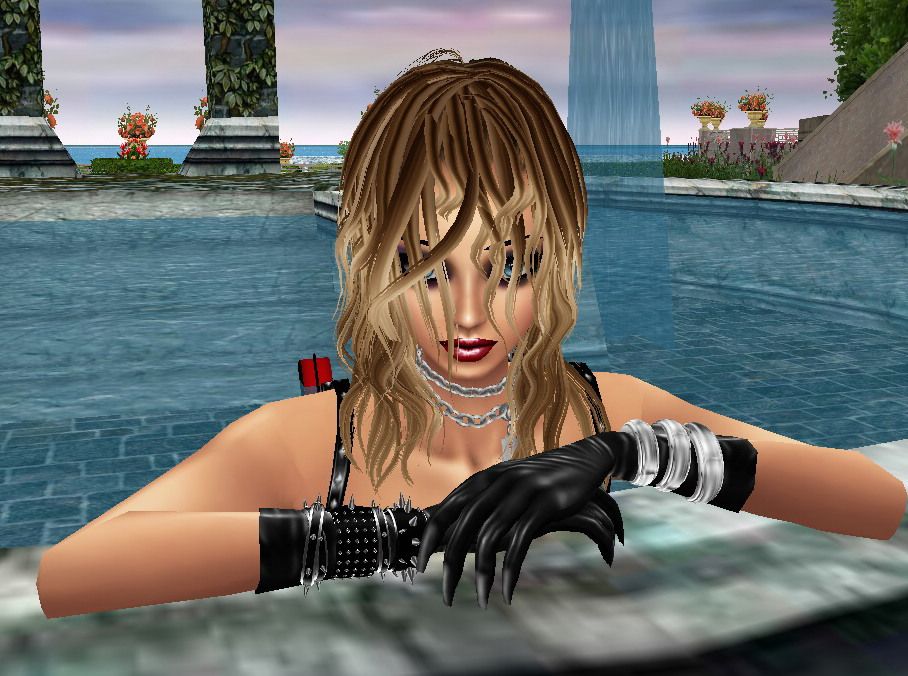 photo-realistic portrait of    glamorous woman in the pool, in wet evening dress,  wet  red hair,  
 gloves, with red lipstick  smiling