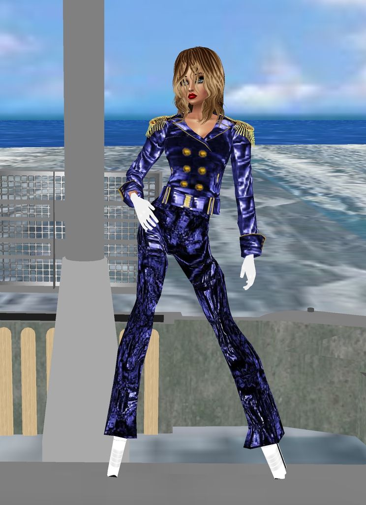 photo-realistic image of tall glamorous woman on a submarine wearing soaking wet blue military uniform and high platforms, and short blond w...