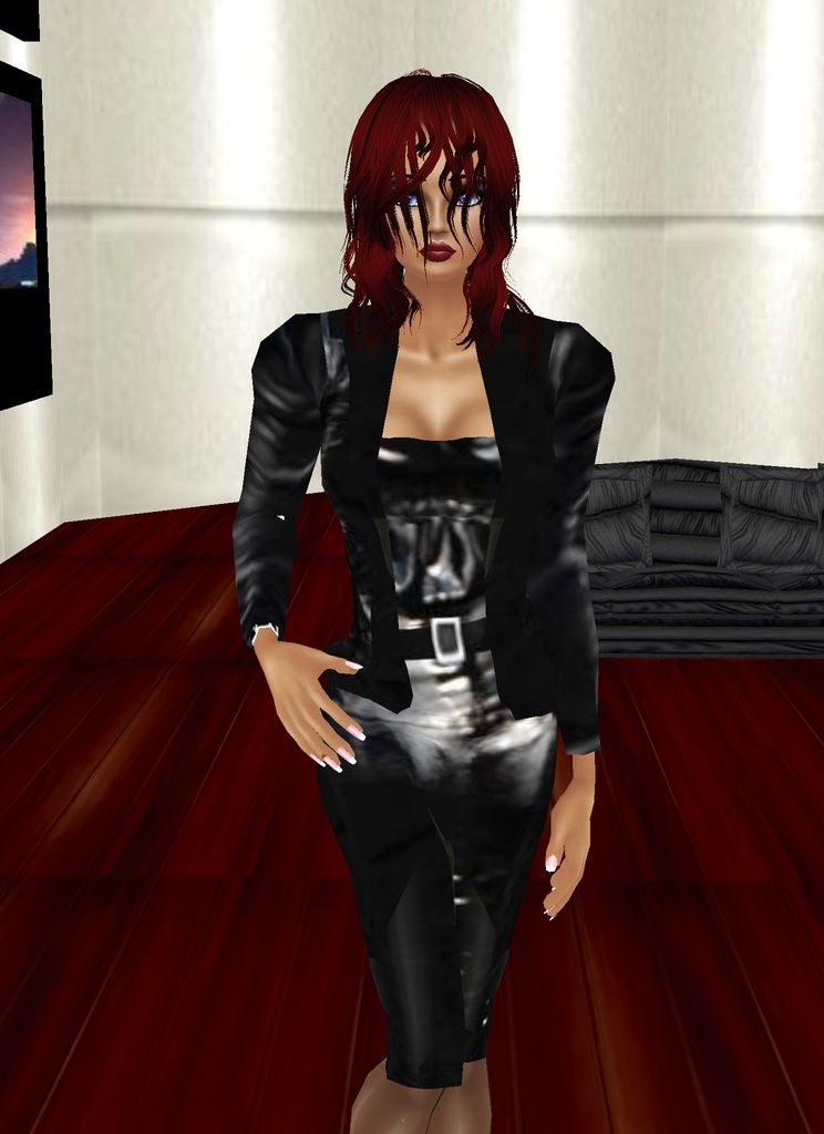 photo-realistic image of  glamorous woman with red lipstick  wearing wet dark skirt-suit with wet red hair and high heels 