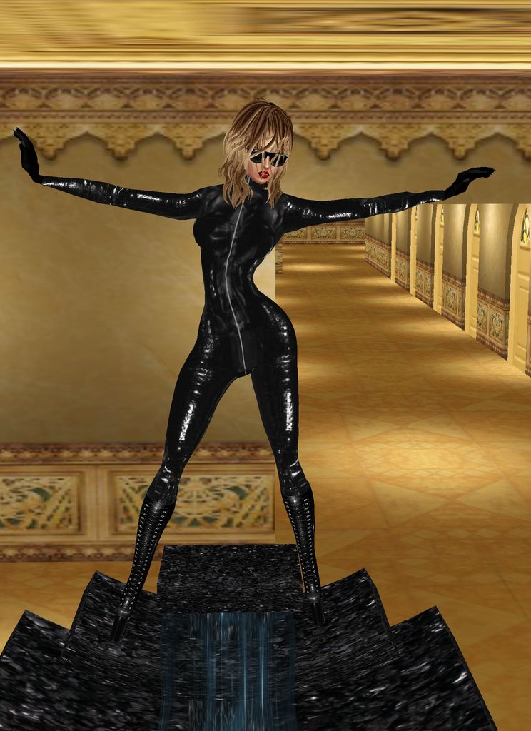 a photo-realistic image of  tall glamorous woman with red lipstick, black eyeshadow in wet black leather catsuit, high boots, and high heels...