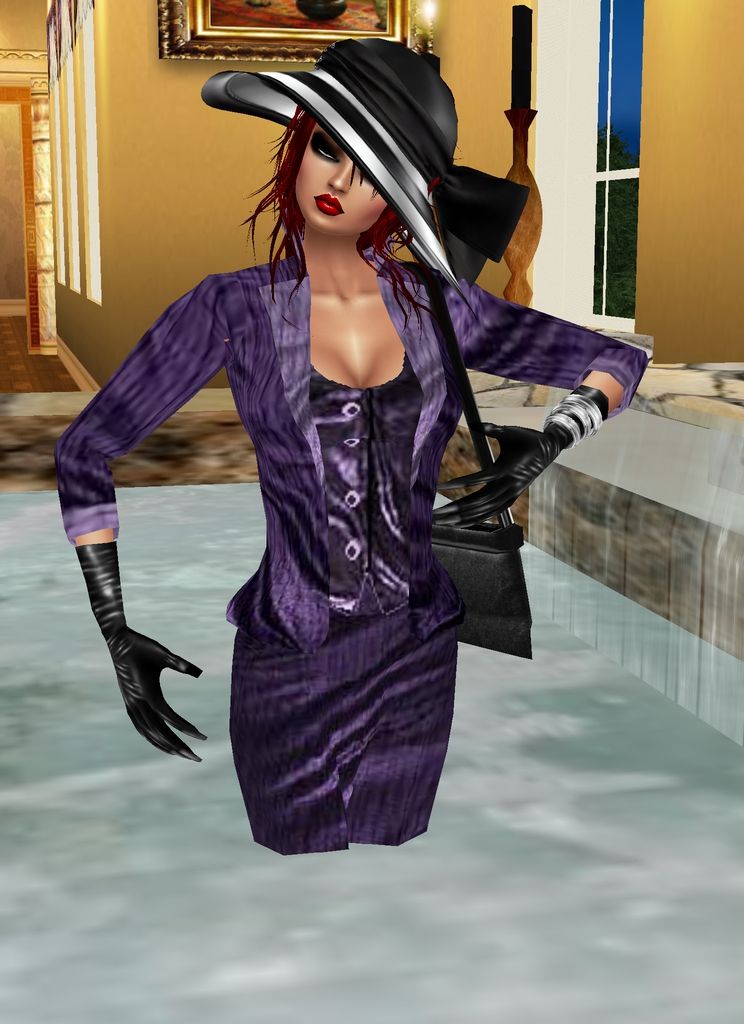 photo-realistic image of glamorous woman with wet auburn hair, red lipstick, sunglasses, wearing  wet purple skirt-suit, handbag, hat and  g...