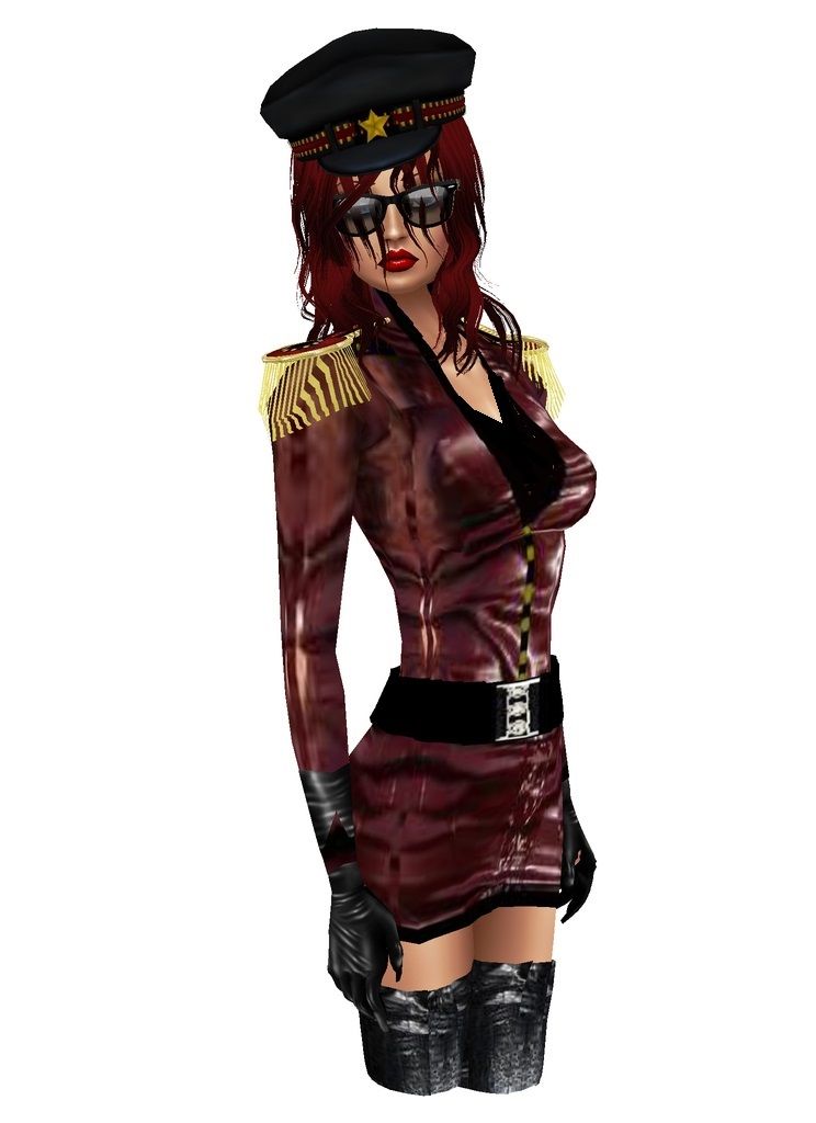 photo-realistic image of tall glamorous woman with red lipstick, wet auburn hair, wearing wet red military uniform with mini-skirt, wet leat...