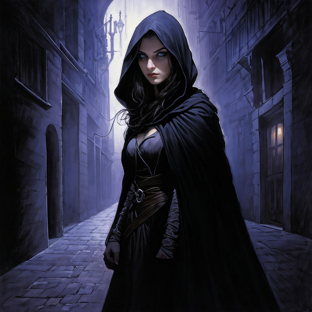 Young brunette woman with 
menacing look, wearing a black hooded cape, medieval attire, standing in a constricted alleyway, captivating   pu...