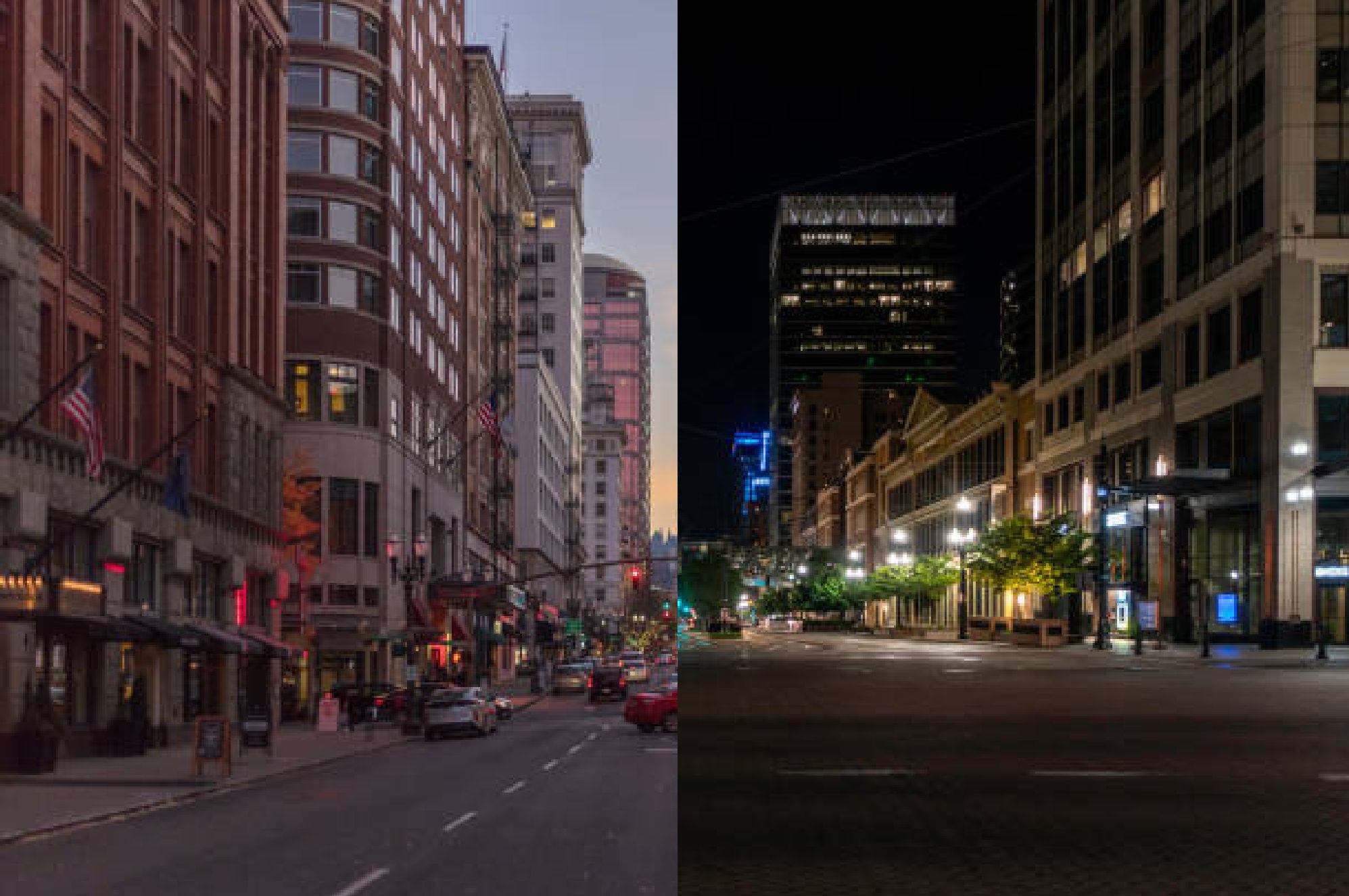 A realistic cartoon city with two different sides split down the middle of the image. on the left side the city is sunny looking nice and ha...