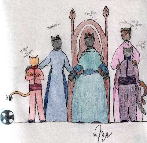 a forty year old black Nekogirl is the royal queen in her throne, with a black twenty-year old nekogirl princess and a Tortoiseshell nekogir...