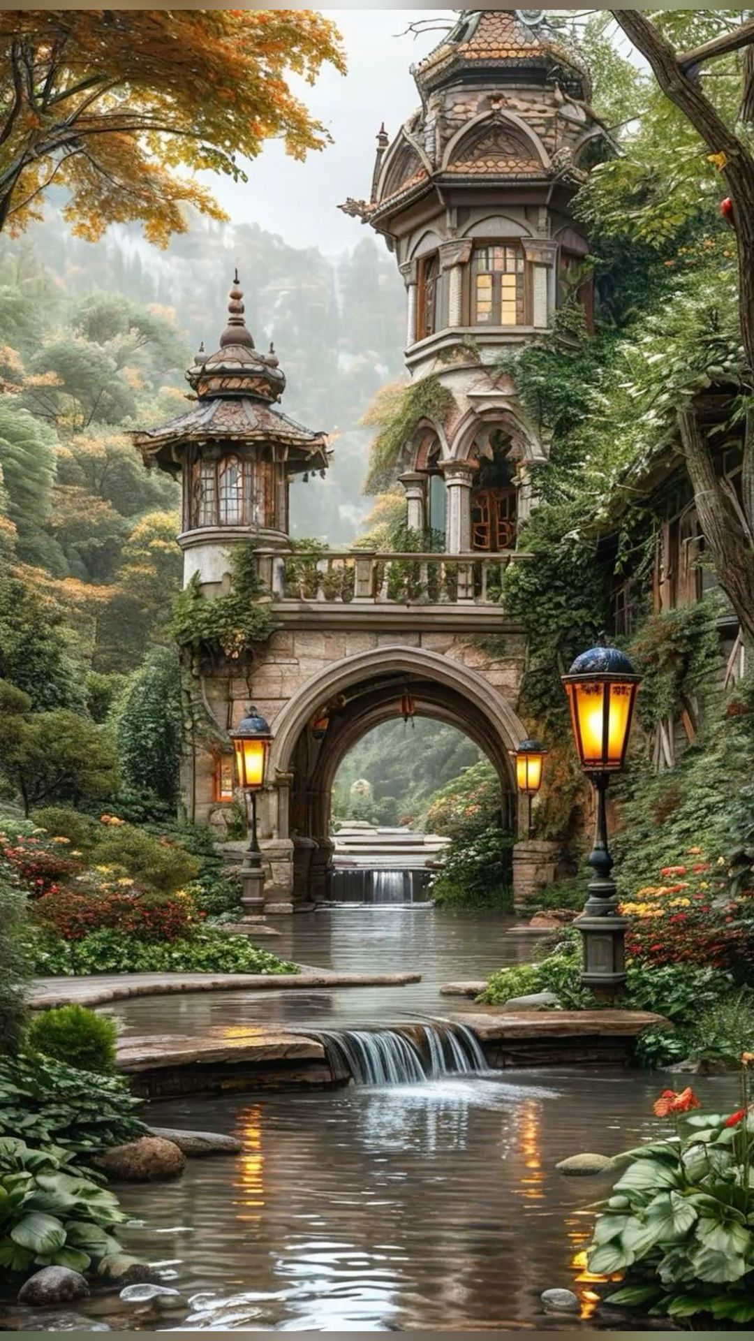 A beautiful oil painting of a medieval stone castle in the middle of the forest, part of the castle has a bridge through a shallow crystal c...