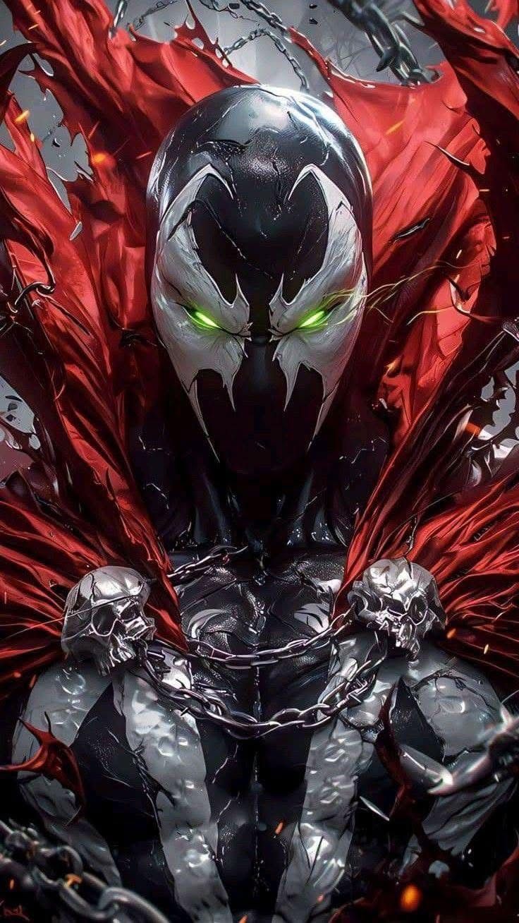 A dynamic image of Spawn, fully armored in black with a flowing red cape, wielding a large futuristic assault rifle with a glowing green bar...
