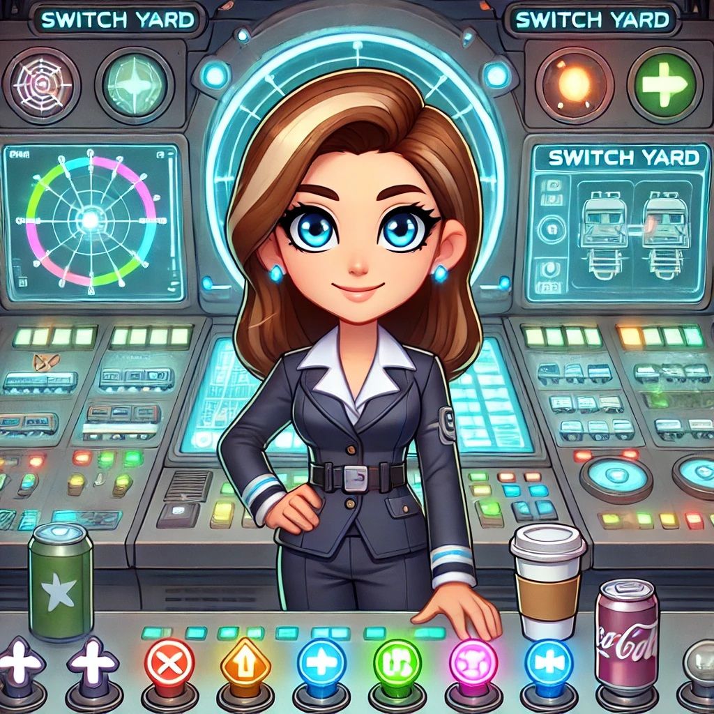 Create a image in the style of a cartoon where the character is serving people on a train