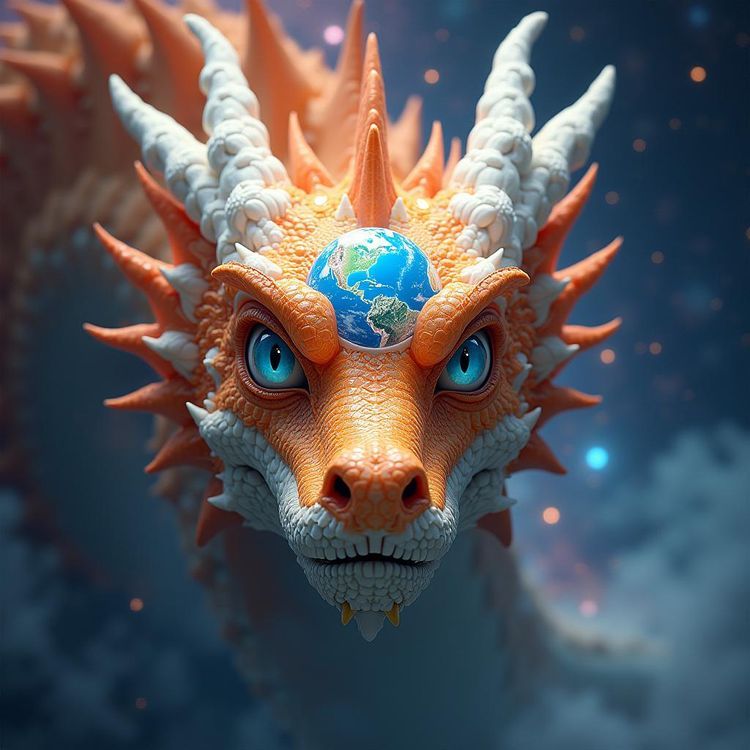 Concept art futuriste. Gros plan. Dragon calme mais costaud, orange blanc et rouge avec des accents blanc et vert clair dans un environnemen...