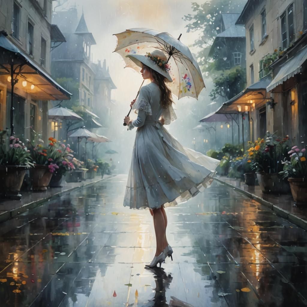  ethereal fantasy hyperdetailed mist Thomas Kinkade Girl with young man holding umbrella