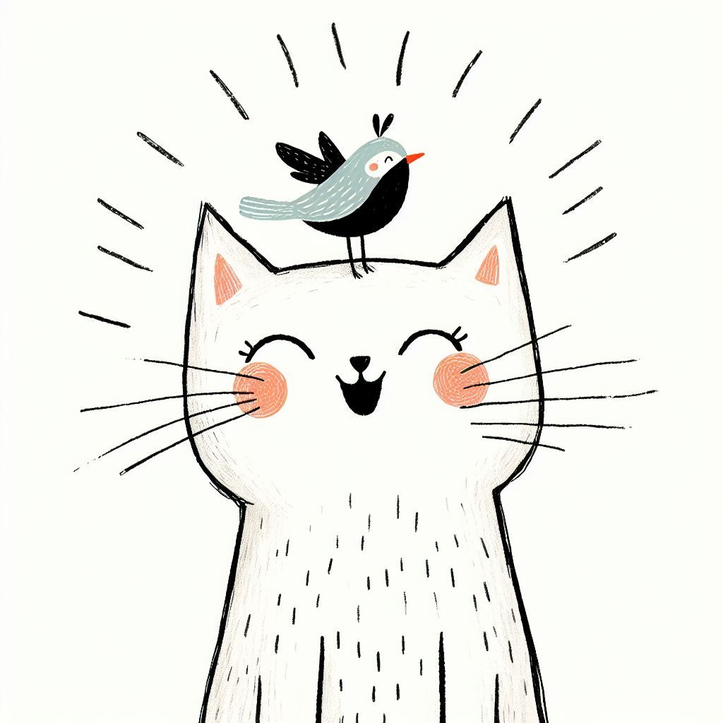 joyful cat with a bird on its head by joey moya, in the style of minimalistic drawings, white background, ultrafine detail, creative commons...