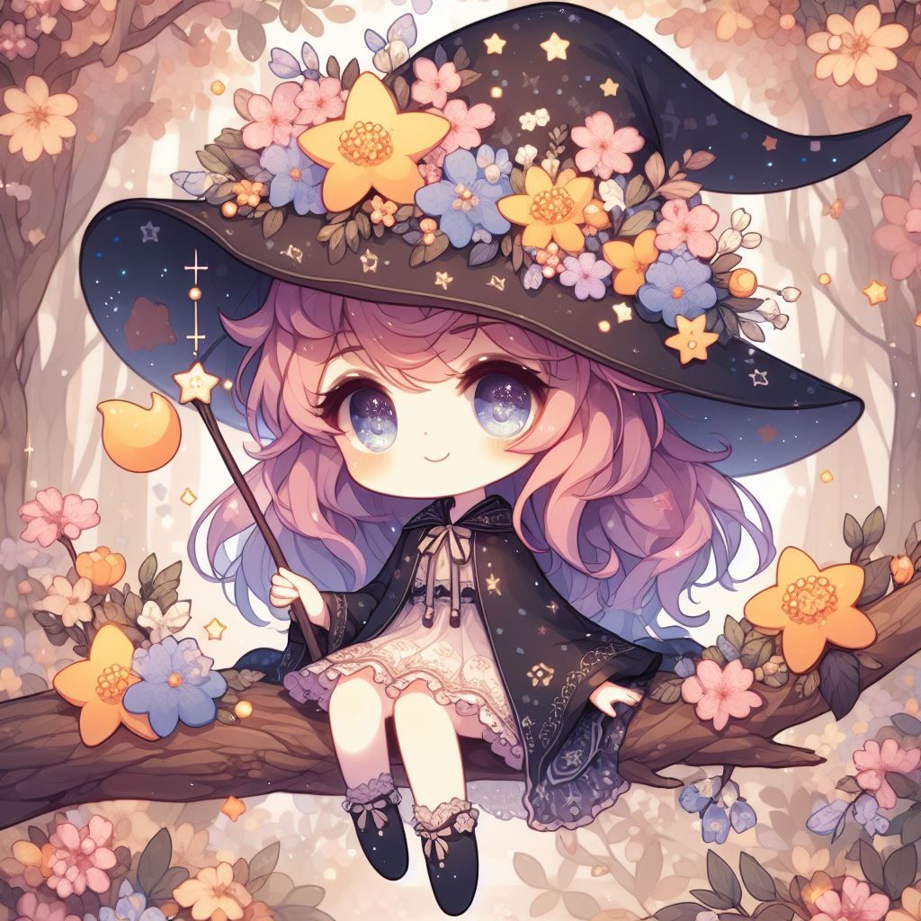 "adorable chibi witch with starry flowery wings sitting on a flowering branch, in the style of apofiss, anatomically correct, warm forest wi...