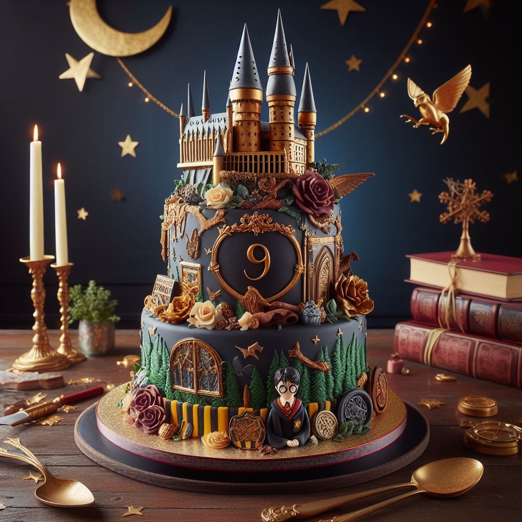 glossy food photography of a harry potter themed multi layered wedding cake <lora:Clear Vision:1.0> 