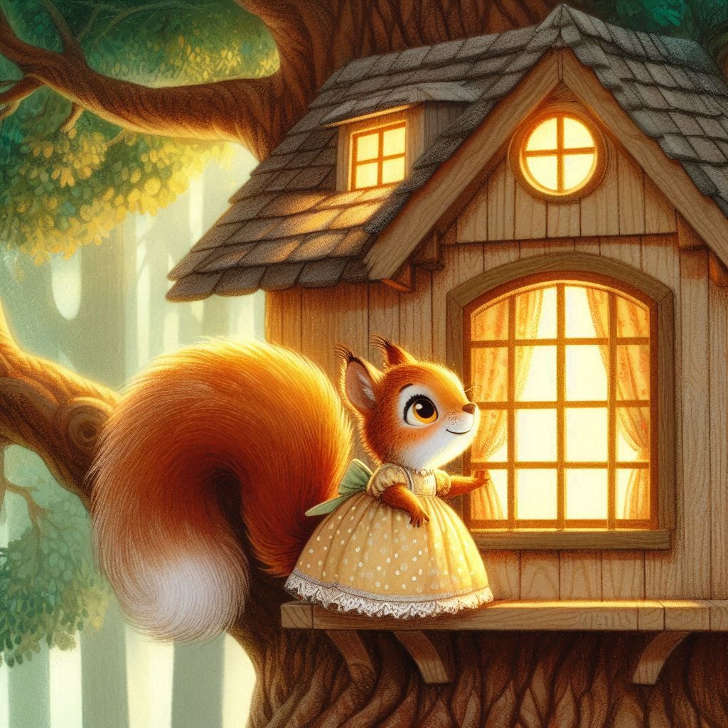A soft, comfortable nest area in the treehouse corner with Pearl, a small fluffy squirrel with warm brown fur, bushy tail, large expressive ...