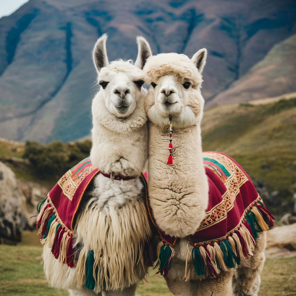 lama and alpaca , in national capes at Machu Picchu in Peru, cinematic style