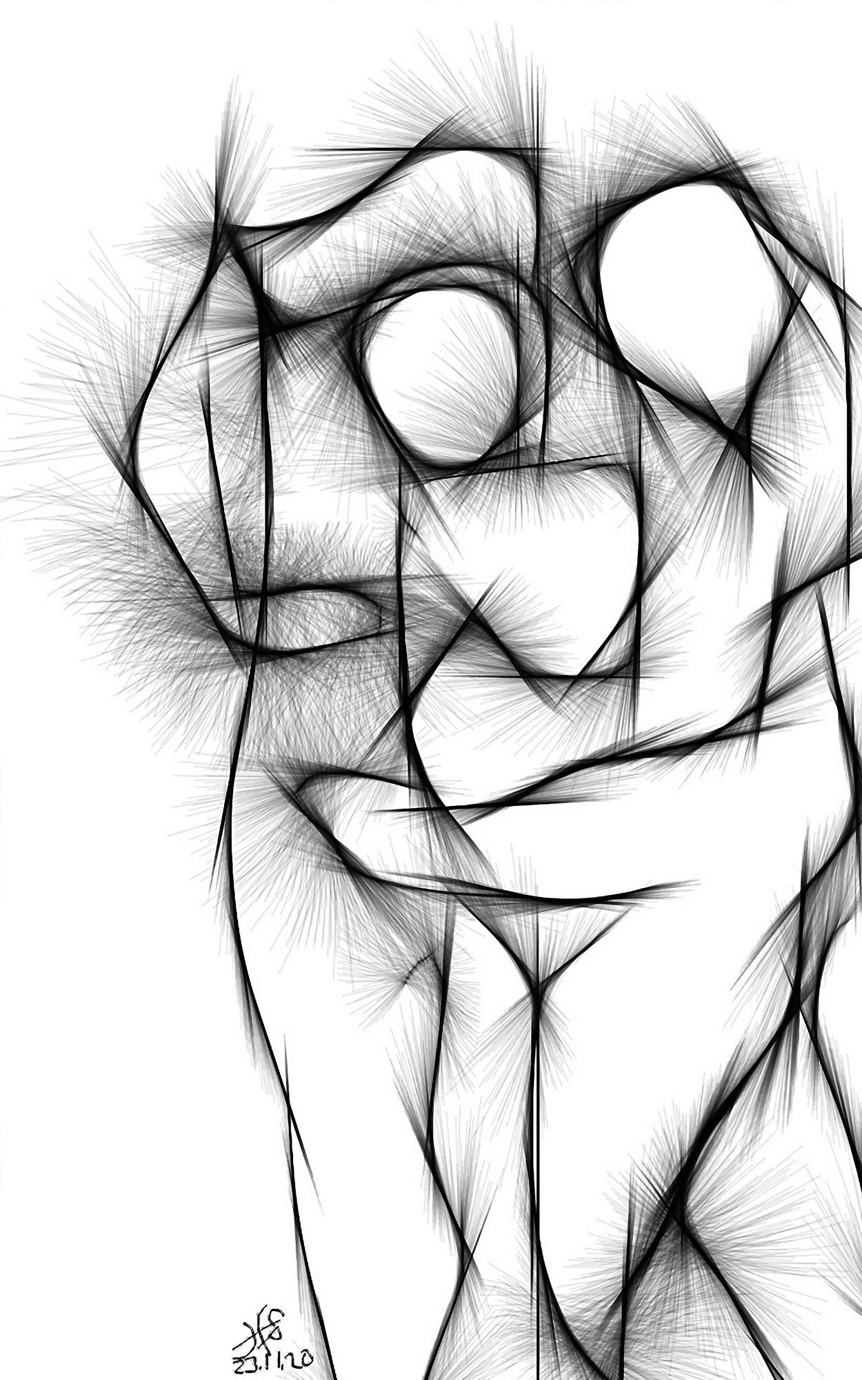 Entwined lines form an abstract representation of two human forms, suggesting connection and intimacy. The use of black and white enhances t...