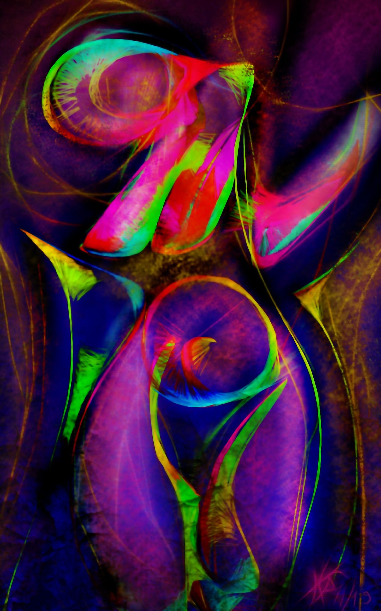 Vivid colors swirl and intersect, forming abstract shapes against a dark background. Bold strokes of neon green, pink, and blue create a dyn...