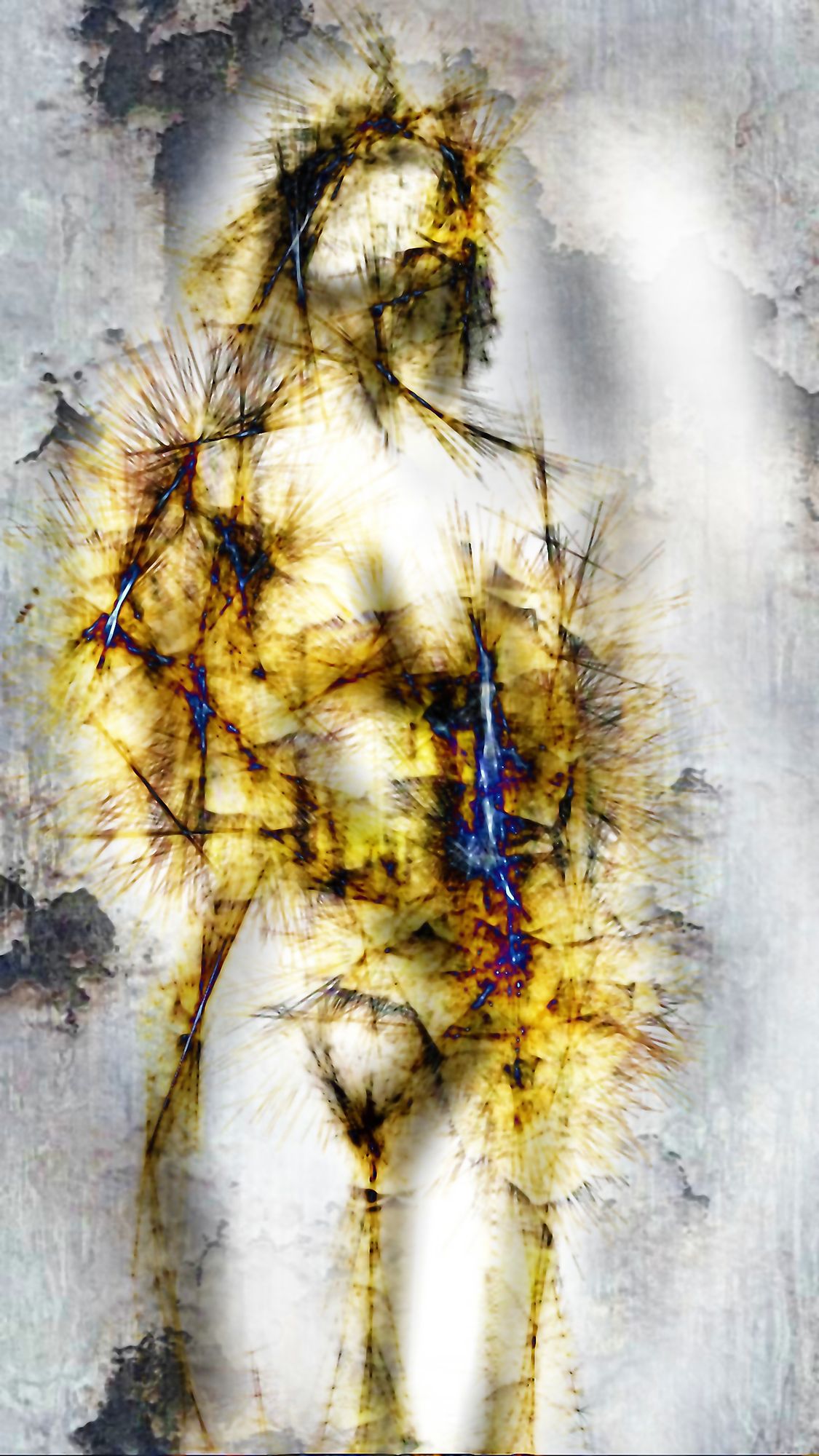 A abstract composition features a form in shades of yellow, blue, and black, with sharp, jagged lines emanating from it. The background appe...