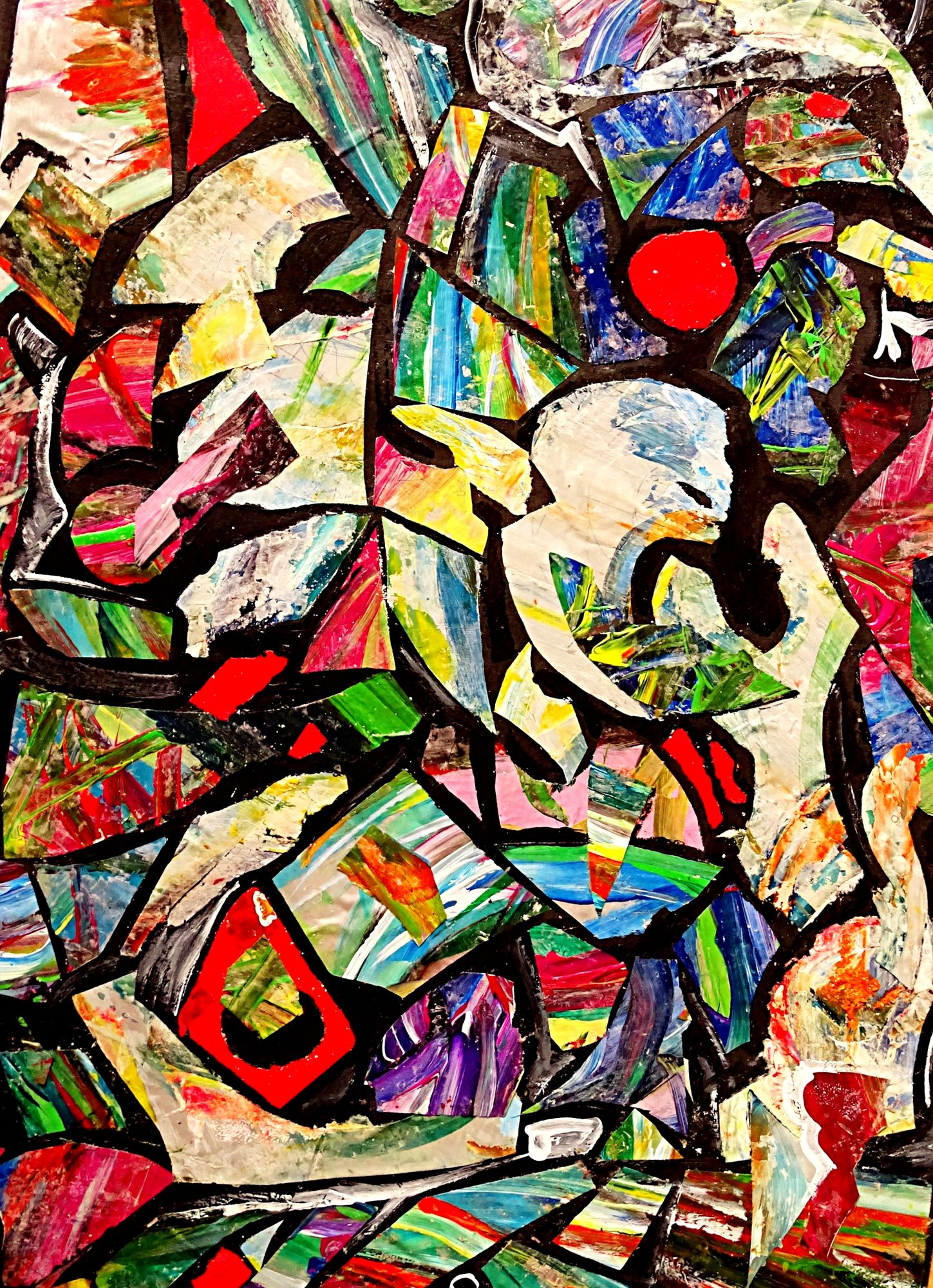 Bright, abstract shapes in various shades of red, green, blue, and yellow intermingle with chaotic black lines. A bold red circle stands out...