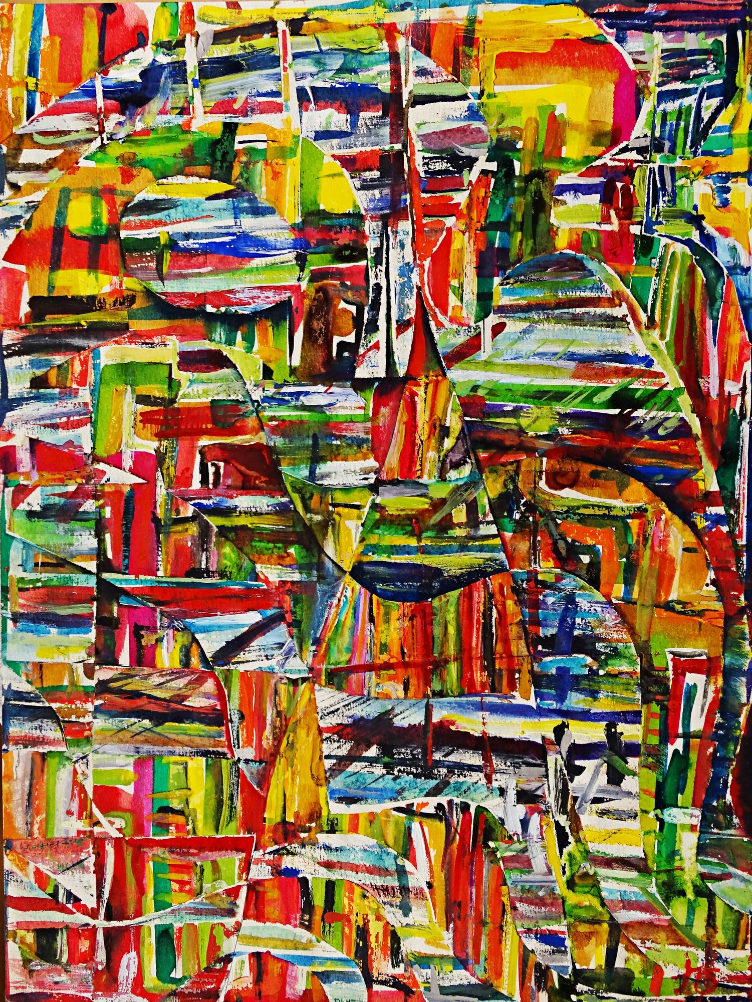 Bright and chaotic, the composition features a swirling mixture of vibrant colors and bold, intersecting lines. Geometric shapes overlap in ...