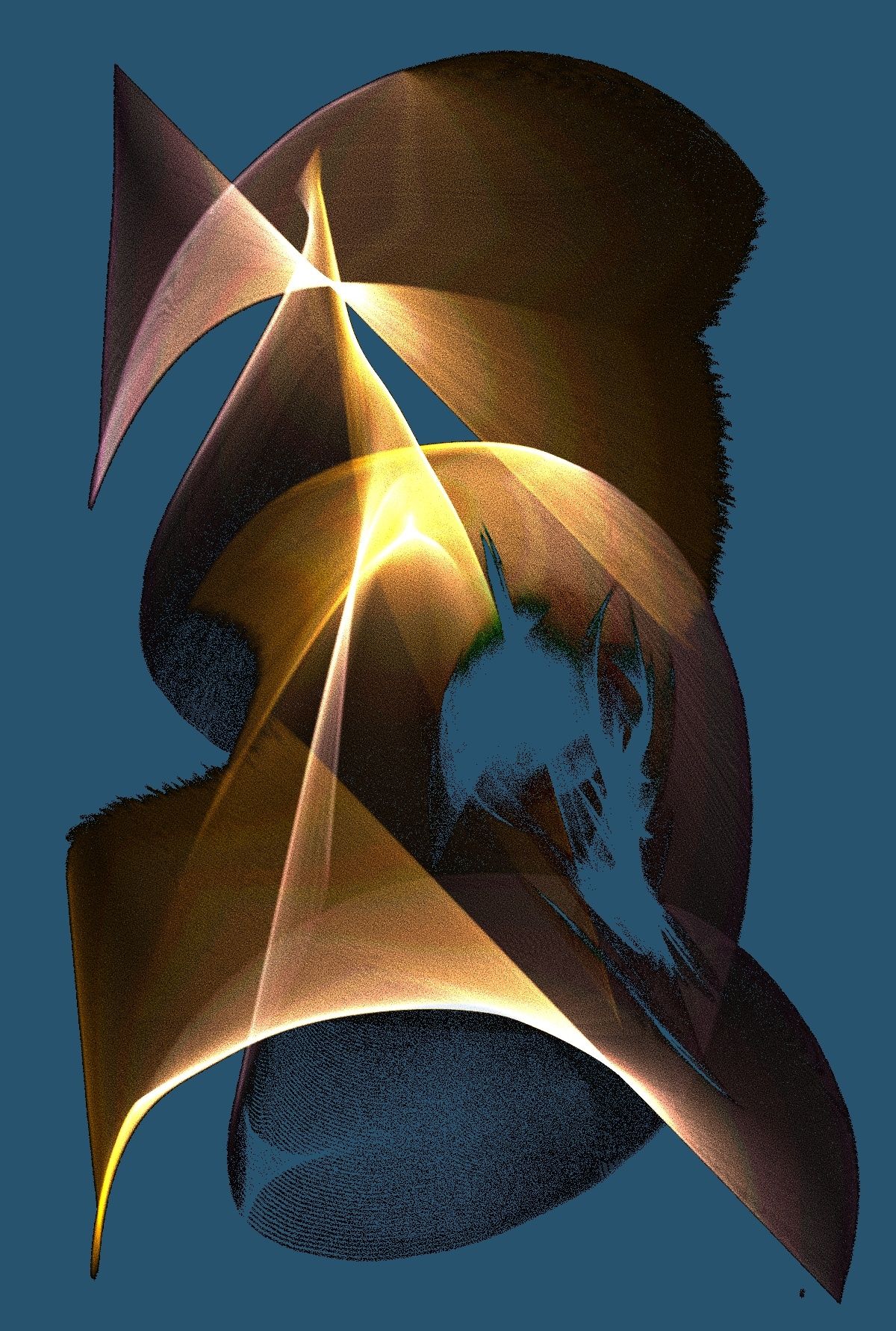 Dynamic swirls of light and shadow create an abstract composition on a blue background. Vivid yellow and brown hues contrast with a sharp, g...