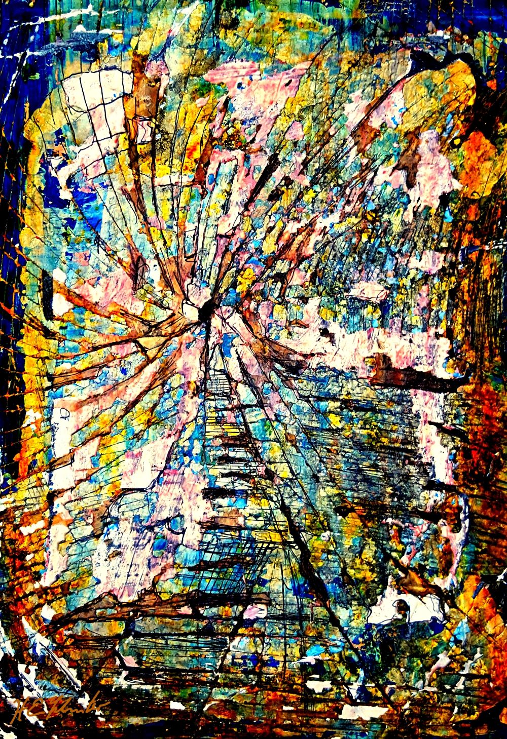 An explosion of colors and lines creates a dynamic and chaotic scene, evoking the feeling of shattered glass or a spider web. The interplay...