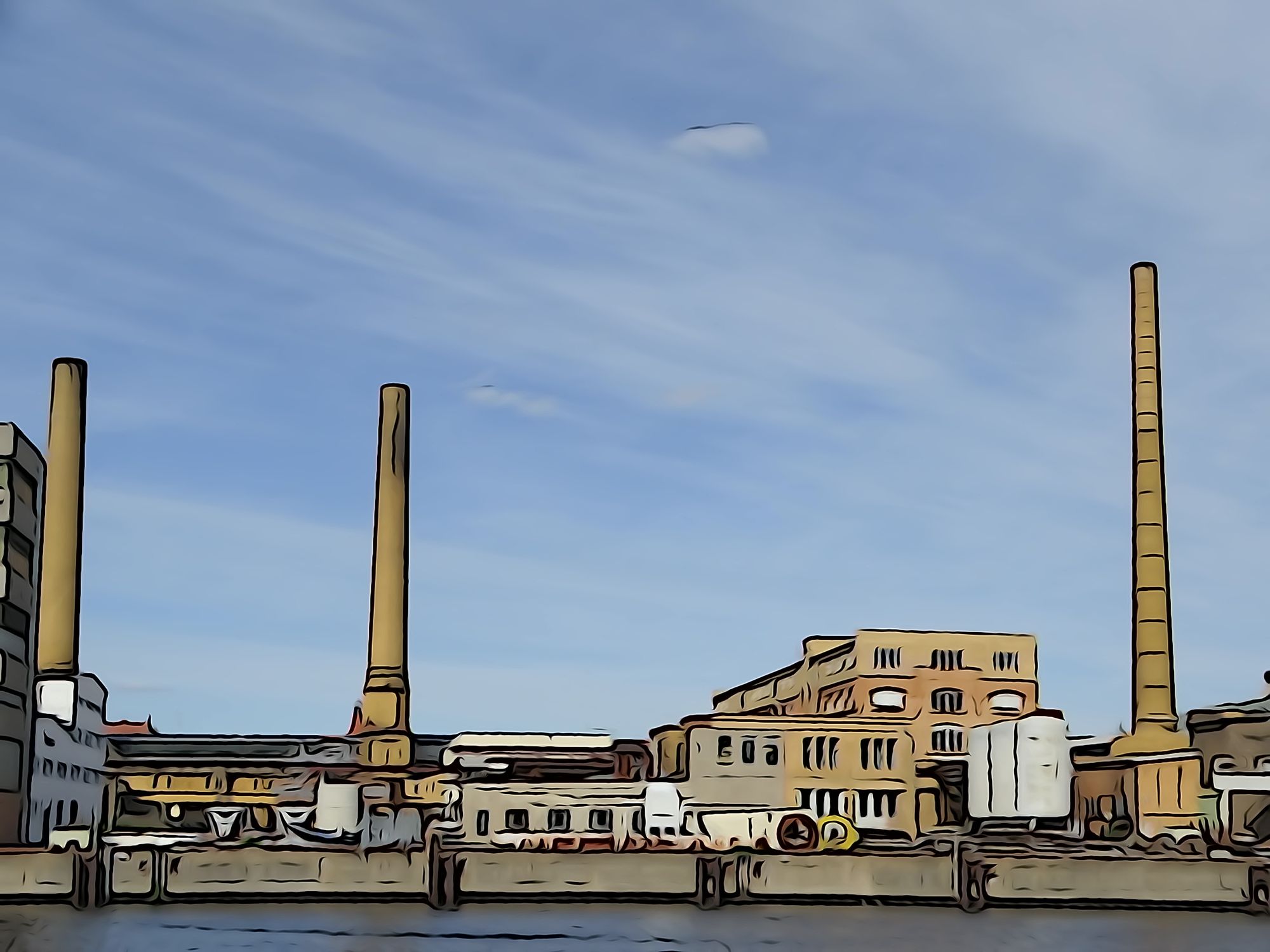<lora:Abstract Reality:1.0> <lora:-Omnious-:1.0> Industrial buildings with two tall smokestacks stand prominently against a clear blue sky. ...