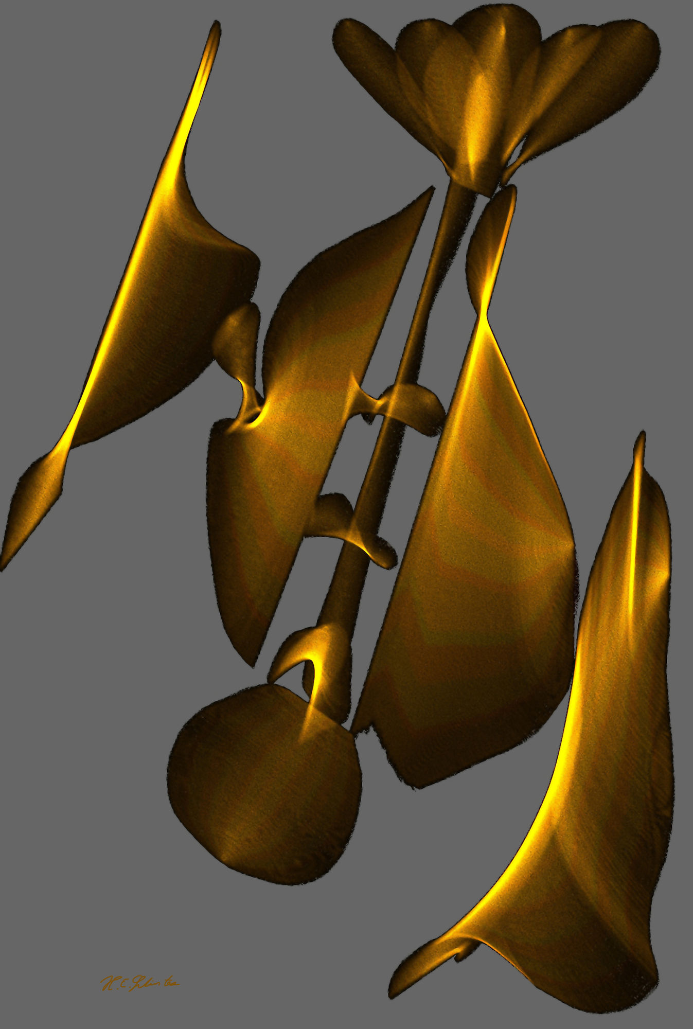 Golden, abstract forms float against a gray background, each varying in shape and structure. Curved lines and unique angles create a sense o...