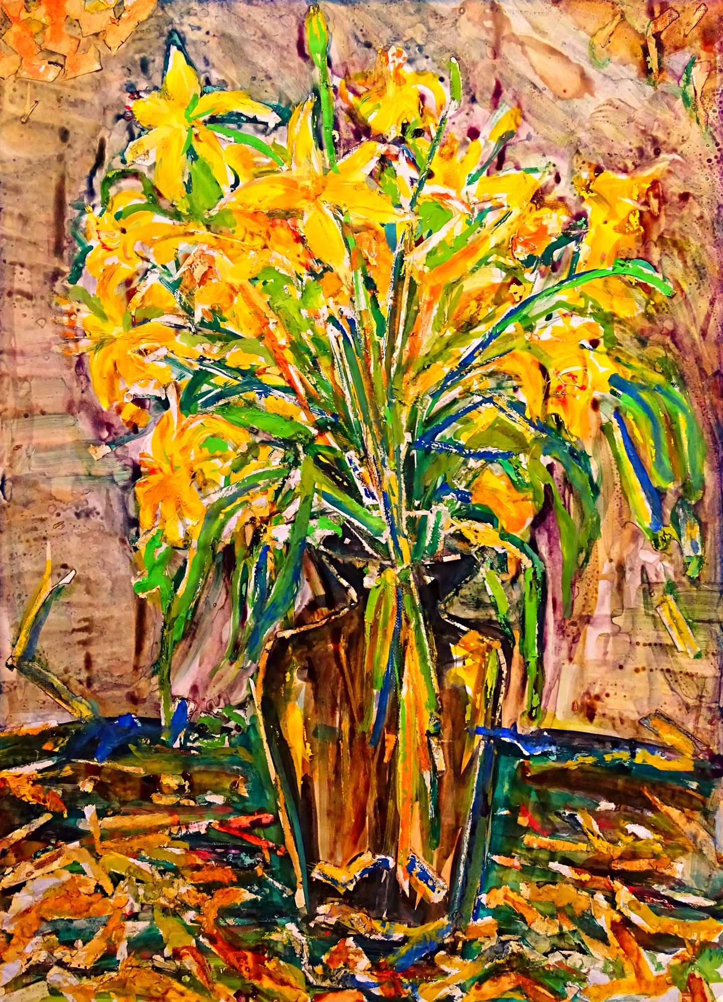 Bright yellow flowers burst from a vase, surrounded by lush green leaves in a chaotic and colorful arrangement. The background features an a...