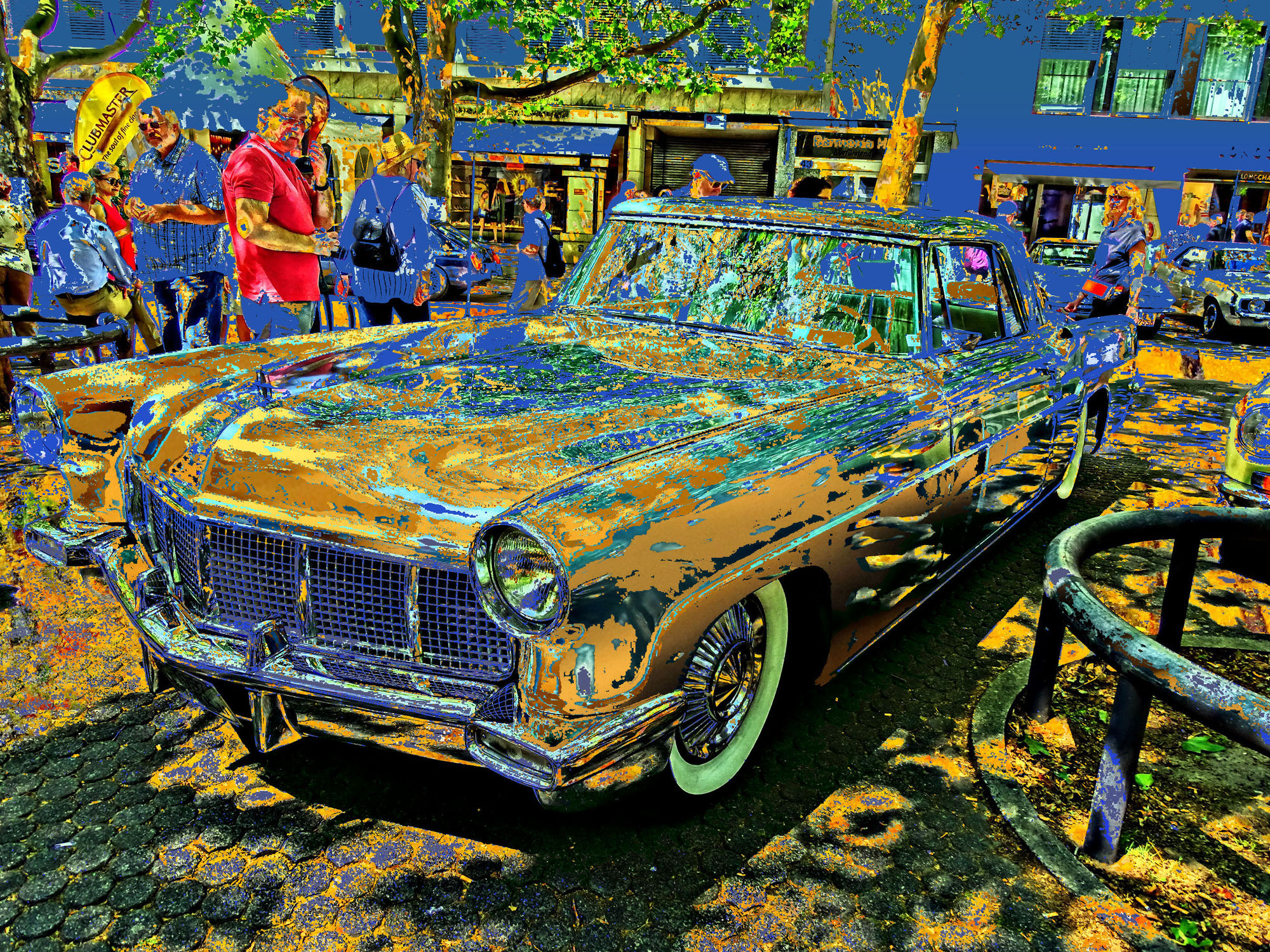 A classic car is showcased at an outdoor exhibition surrounded by a crowd. The vibrant colors give the scene a surreal, almost psychedelic a...