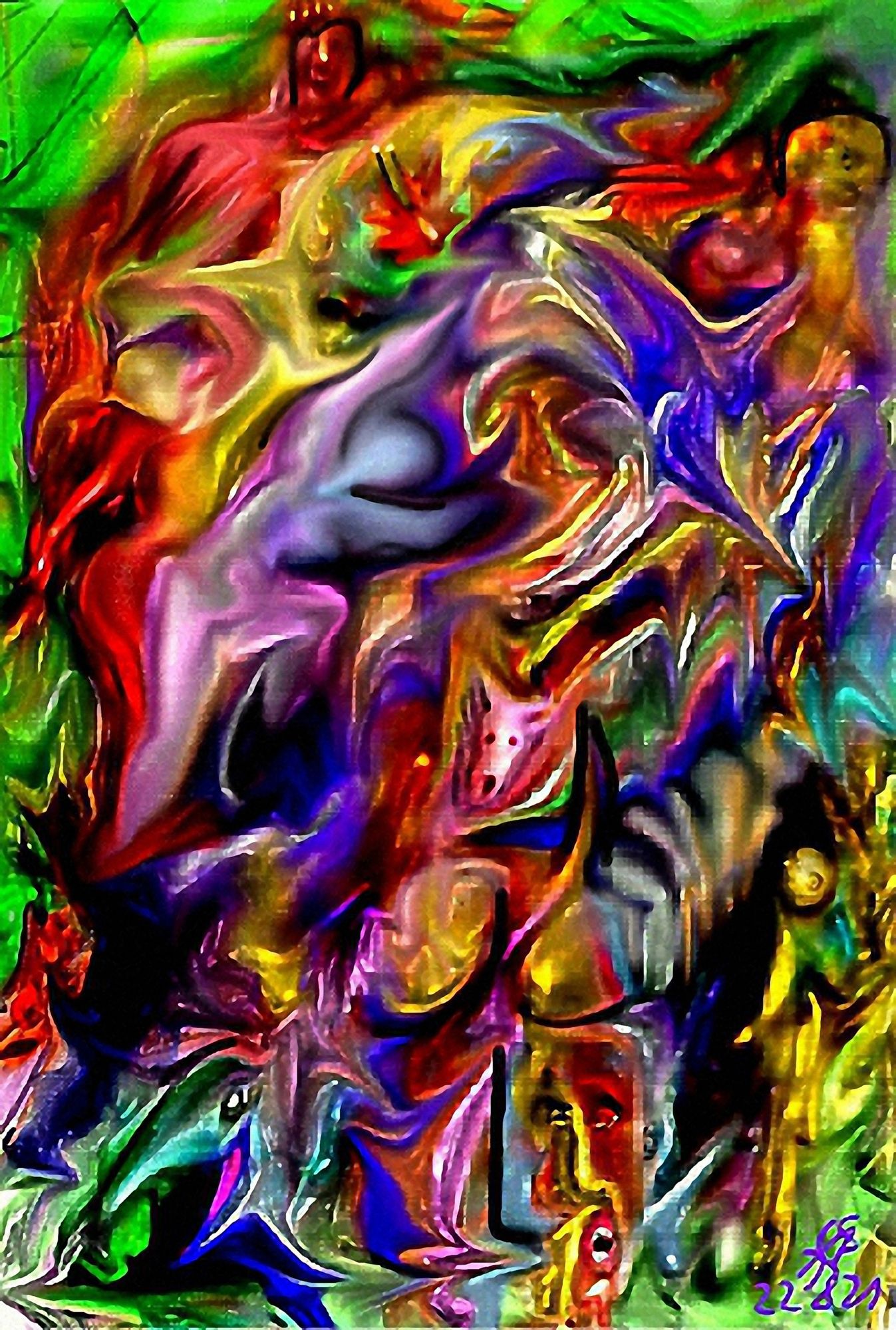 Vivid swirls of color merge, forming abstract shapes and patterns. The predominant hues of green, red, purple, and yellow create a vibrant,...