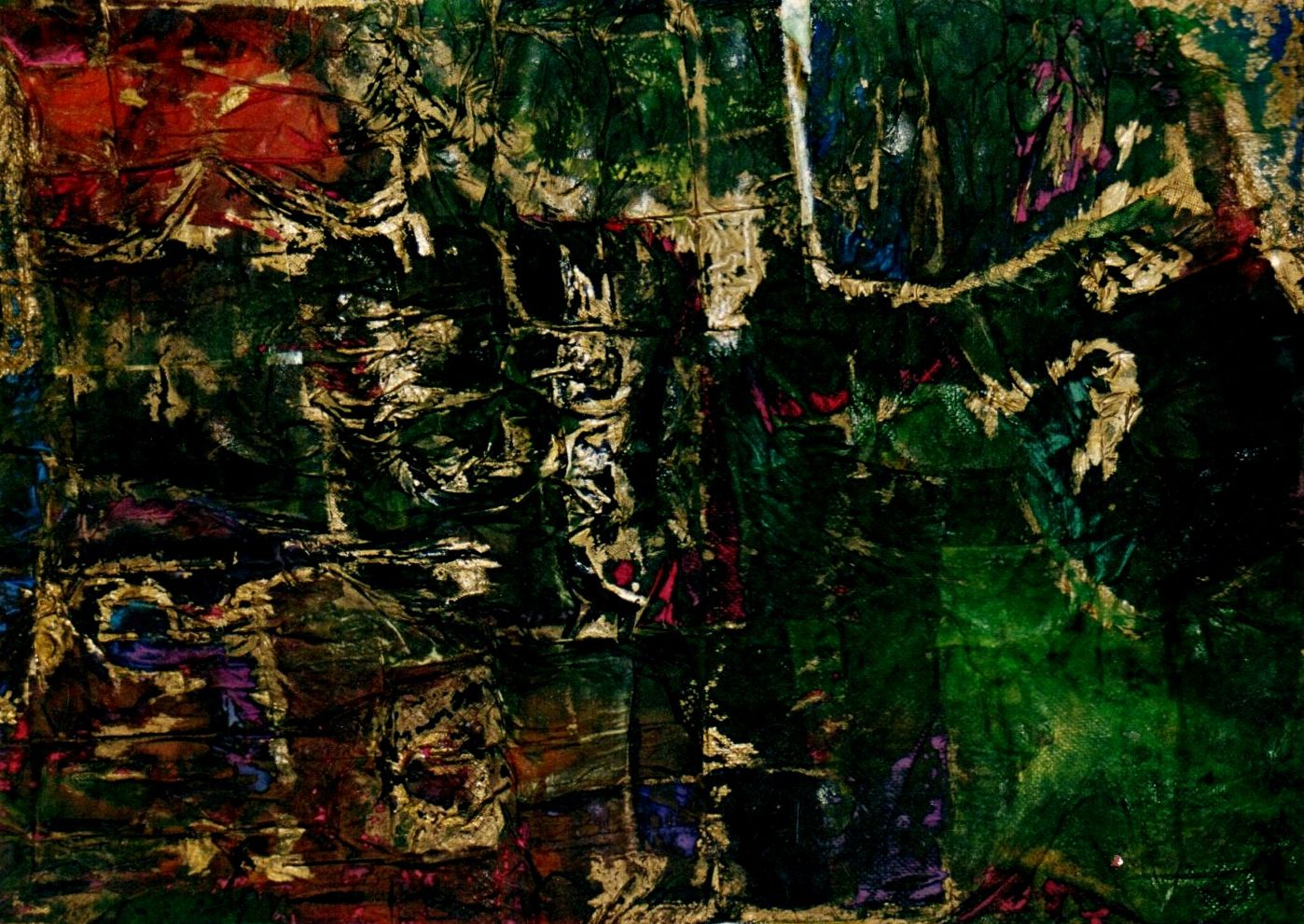 A complex interplay of deep reds, greens, and golds creates a dynamic and textured composition. Dark tones are interwoven with vibrant shade...