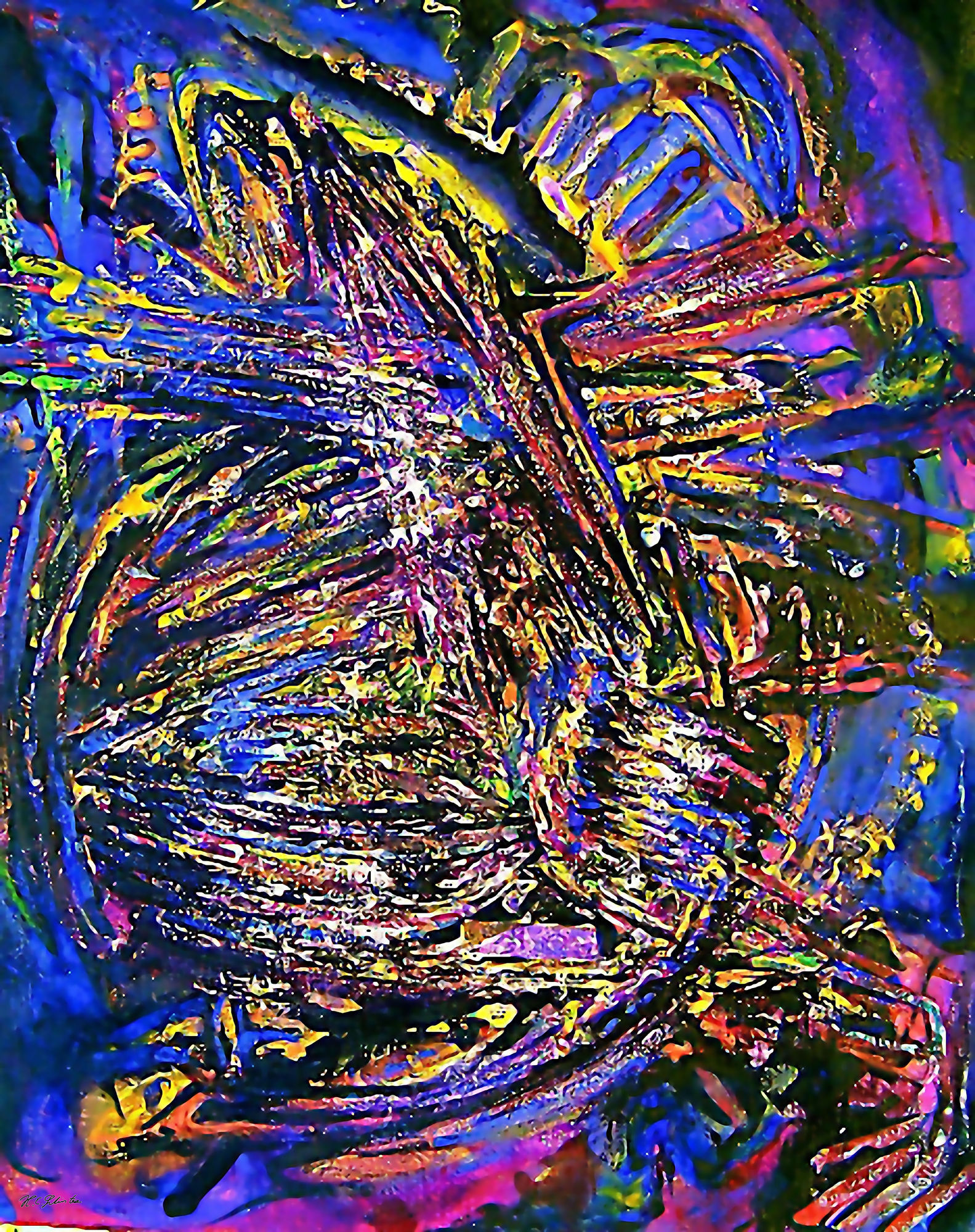 Bright, abstract patterns intertwine in a chaotic blend of neon colors on a dark background. The use of bold, contrasting hues creates an en...