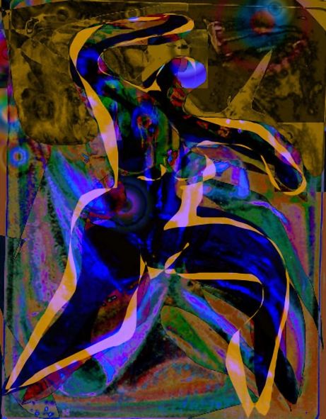 A dynamic, abstract form is created with swirling lines and vibrant hues of blue, purple, and orange. The interplay of colors and shapes sug...